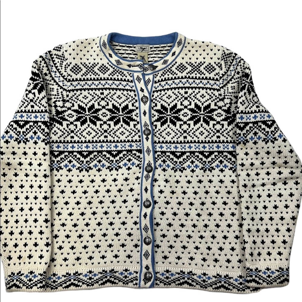 LL BEAN Cotton Cardigan Fair Isle Snowflake Nordic Print Pewter Button - Picture 3 of 10